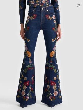 Alice + Olivia Dark Blue Floral Embroidered Flare Jeans
